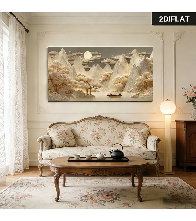 لوحة مناظر طبيعية صينية كبيرة مقاس 20 × 40 بوصة، فن جداري للقوارب - Image 4
