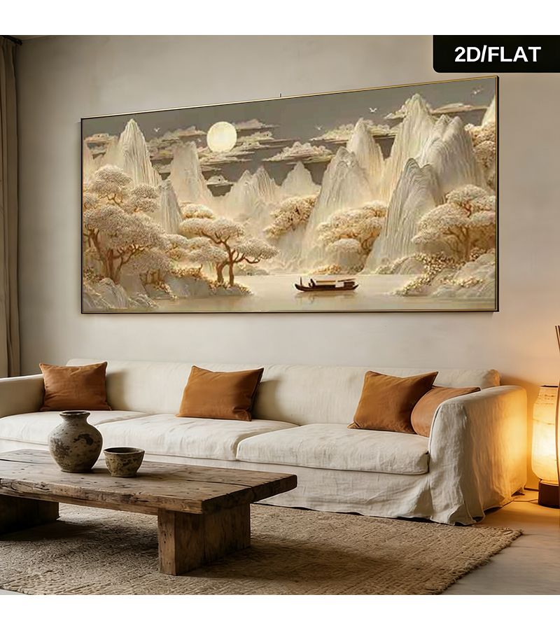 لوحة مناظر طبيعية صينية كبيرة مقاس 20 × 40 بوصة، فن جداري للقوارب - Image 1