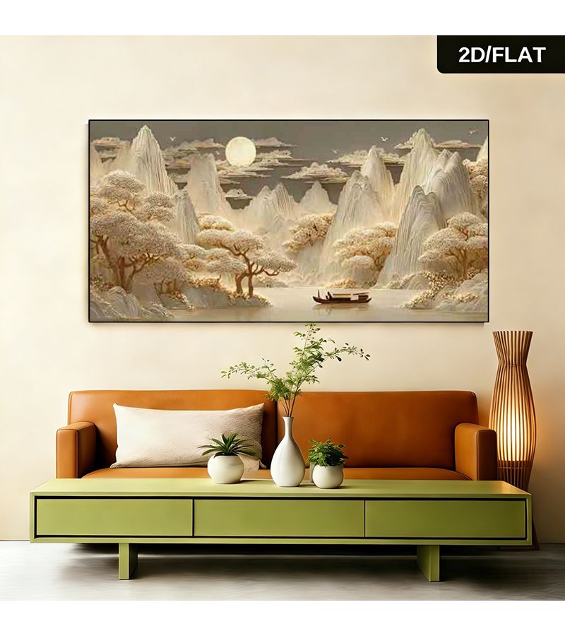 لوحة مناظر طبيعية صينية كبيرة مقاس 20 × 40 بوصة، فن جداري للقوارب - Image 3