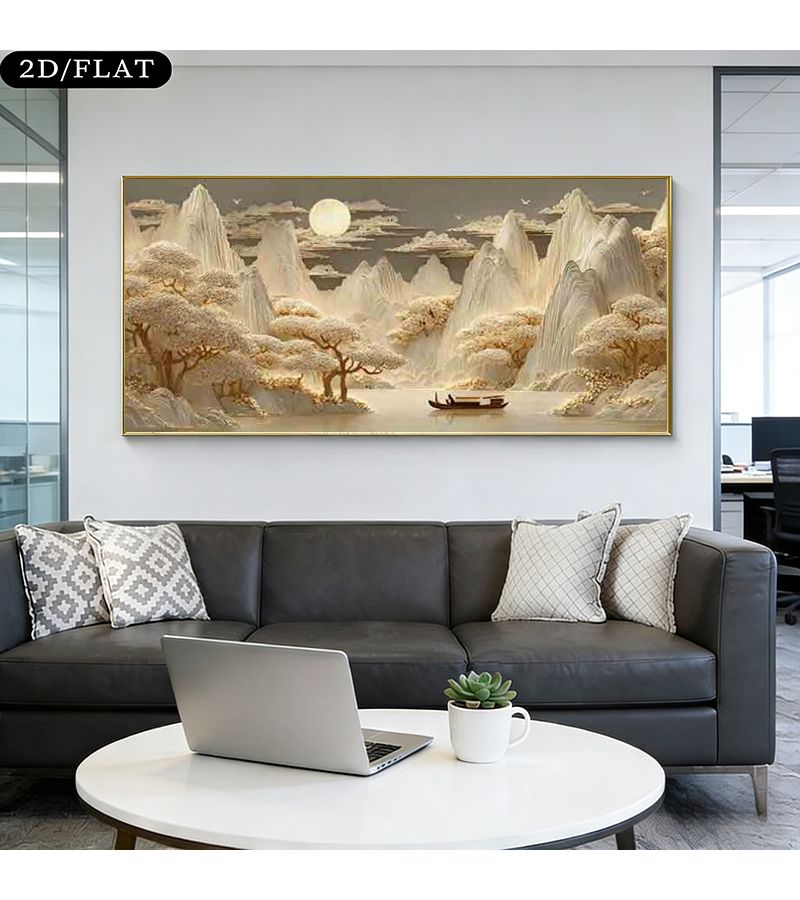 لوحة مناظر طبيعية صينية كبيرة مقاس 20 × 40 بوصة، فن جداري للقوارب - Image 5