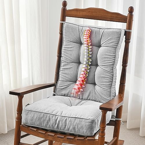 SUNROX Memory Foam Non Slip Rocking Chair Cushion, FadeShield Water Resistant Thicken Durable Tufted Pads, Set of Seat & Back Cushion with Ties for Indoor/Outdoor Rocker, 2 Piece, Heather Grey - Image 1