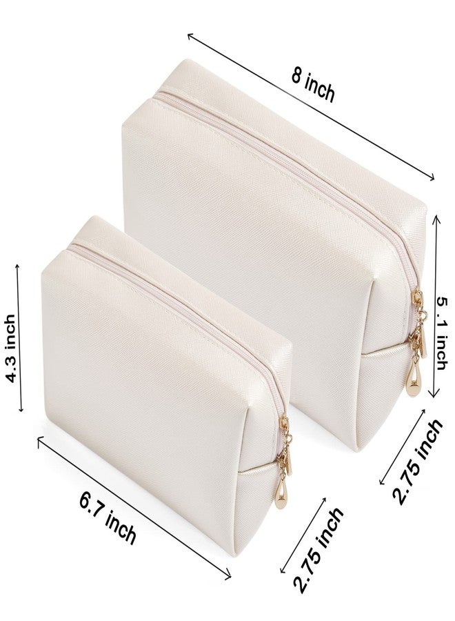 Sohynca 2pcc set PU Leather Cosmetic Bag for Women Minimalism Makeup Bag for Daily Use Portable Storage Purse Small Neat Cosmetic Pouch Water-resistant Toiletry Bag for Travel (Ivory White) - Image 2