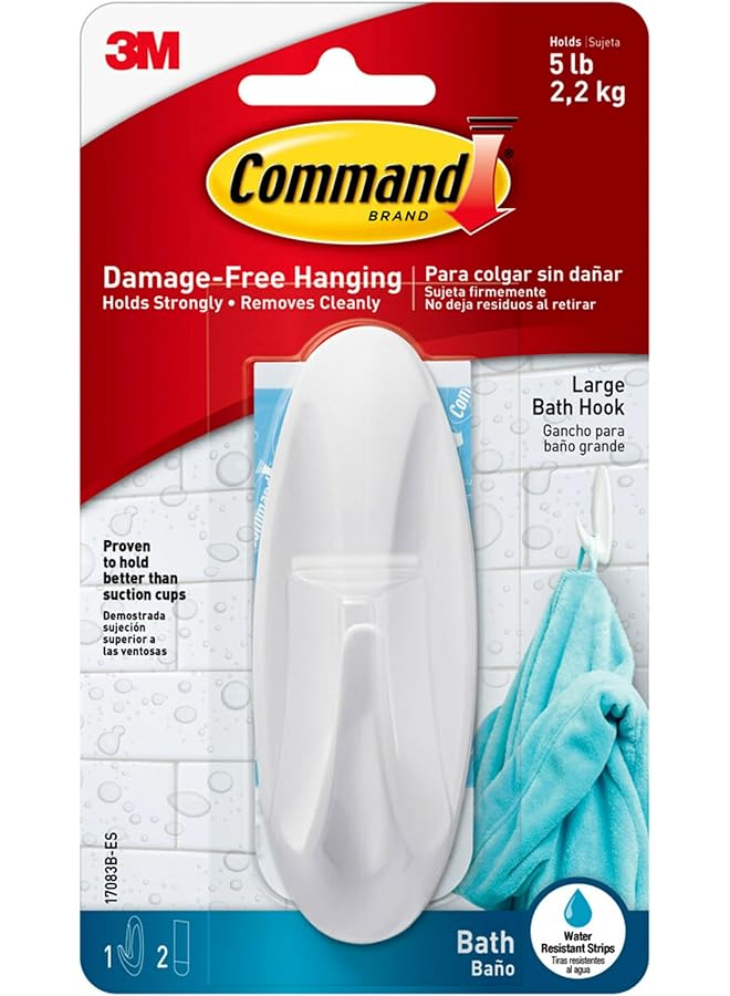 Command Command Bath Designer Large Hook White color, 1 Hook+2 Strips/ pack | Holds 2.2 kg | Water-Resistant Strips | Organize | Decoration | No Tools | Holds Strongly | Damage-Free Hanging - Image 1