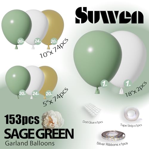 SUWEN Sage Green Balloons Arch Kit Garland 153Pcs Different Sizes of 18 10 5 Inch Latex Sage Olive Green Gold White Balloon Arch Kit Birthday Decorations for Gender Reveal Wedding Party - Image 5