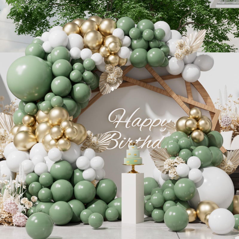 SUWEN Sage Green Balloons Arch Kit Garland 153Pcs Different Sizes of 18 10 5 Inch Latex Sage Olive Green Gold White Balloon Arch Kit Birthday Decorations for Gender Reveal Wedding Party - Image 3