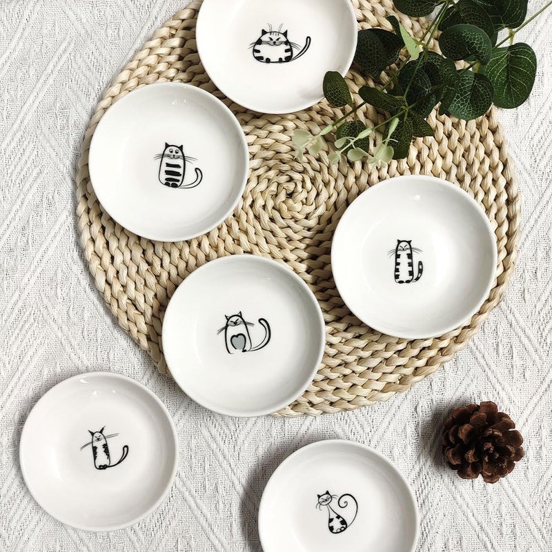 Cute Cat Ceramic Kitten Plates 4 Inch Cat Bowls Appetizer  Dessert Sauce Dishes Small Seasoning  Serving Dish Set of 6 - Image 3