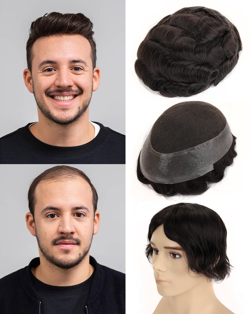 BEEOS French Lace Toupee Hair for Men, 8x10 Inch 130% Density Lace Top with Thin Skin PU Around Base Invisible Natural Hairline Mens Hair Piece #1B Natural Black Mens Wig
