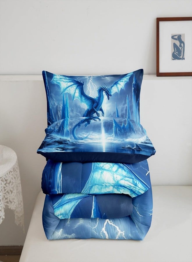 Man Fei Manfei Dragon Comforter Set King Size,Mystic Western Animal Gothic Blue Bedding Set 3 Pcs for Adults,3D Lightning Sky Antarctic Glaciers Ice Lake Down Comforter,2 Pillowcases - Image 5