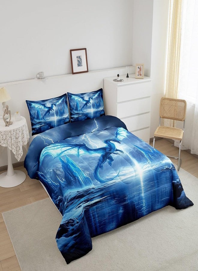 Man Fei Manfei Dragon Comforter Set King Size,Mystic Western Animal Gothic Blue Bedding Set 3 Pcs for Adults,3D Lightning Sky Antarctic Glaciers Ice Lake Down Comforter,2 Pillowcases - Image 2