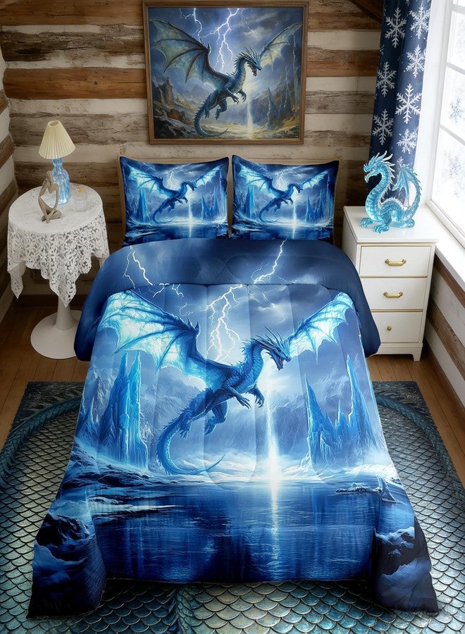 Man Fei Manfei Dragon Comforter Set King Size,Mystic Western Animal Gothic Blue Bedding Set 3 Pcs for Adults,3D Lightning Sky Antarctic Glaciers Ice Lake Down Comforter,2 Pillowcases - Image 1