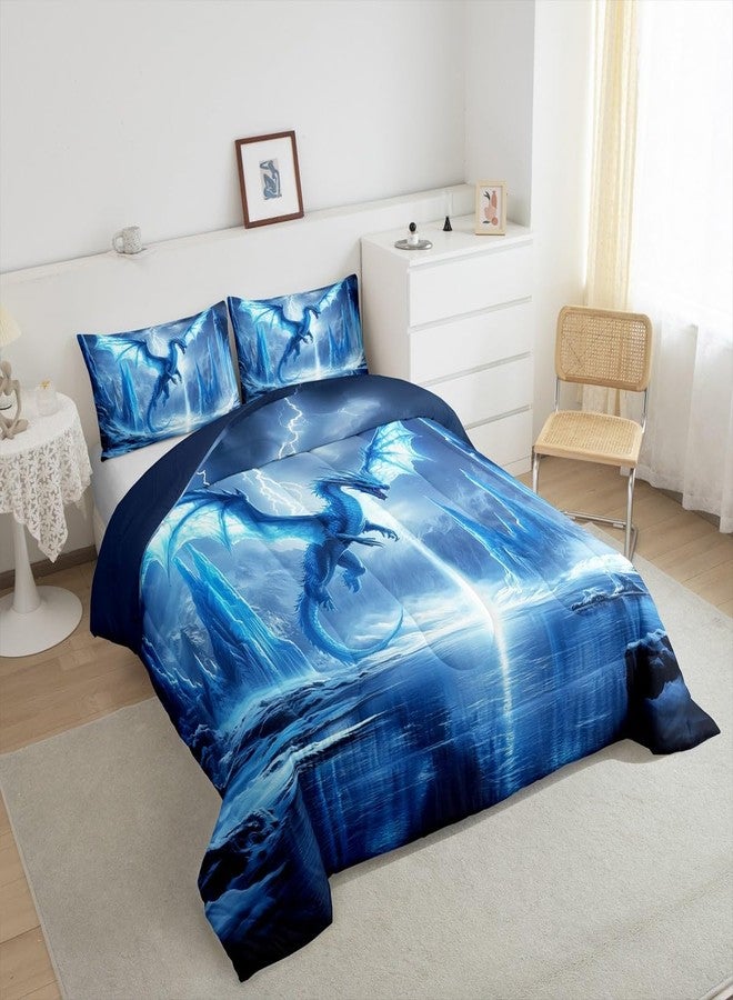 Man Fei Manfei Dragon Comforter Set King Size,Mystic Western Animal Gothic Blue Bedding Set 3 Pcs for Adults,3D Lightning Sky Antarctic Glaciers Ice Lake Down Comforter,2 Pillowcases - Image 4