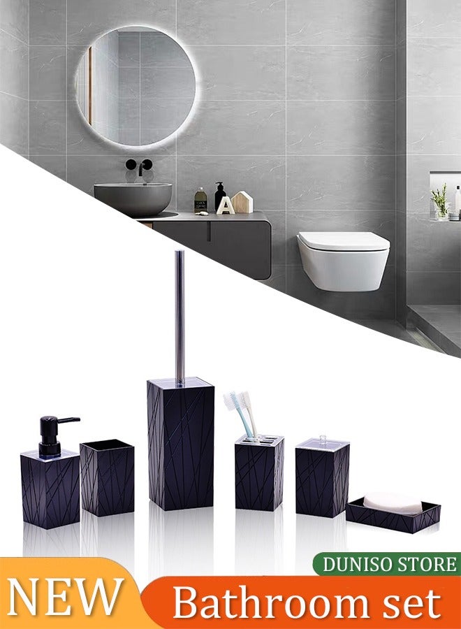 6 Pieces of Bathroom Accessories Set，Twill Square Plastic Gift Set，Bath Ensemble Includes Soap Dispenser, Toothbrush Holder  Cup, Soap Dish, Toilet Brush  Holder, Qtip Holder,Black - Image 1