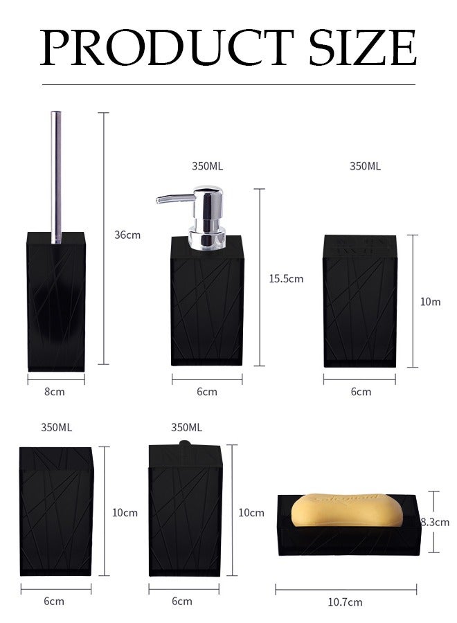 6 Pieces of Bathroom Accessories Set，Twill Square Plastic Gift Set，Bath Ensemble Includes Soap Dispenser, Toothbrush Holder  Cup, Soap Dish, Toilet Brush  Holder, Qtip Holder,Black - Image 2