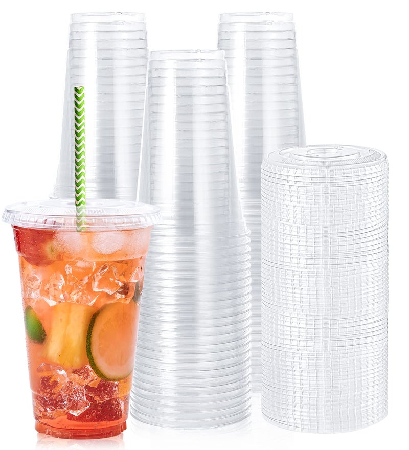 Lilymicky 60 Sets 24 oz Clear Plastic Cups With Flat Lids 24 Ounce Disposable Drinking Cups With Lids for Ice Coffee Smoothie Slurpee or Any Cold Drinks