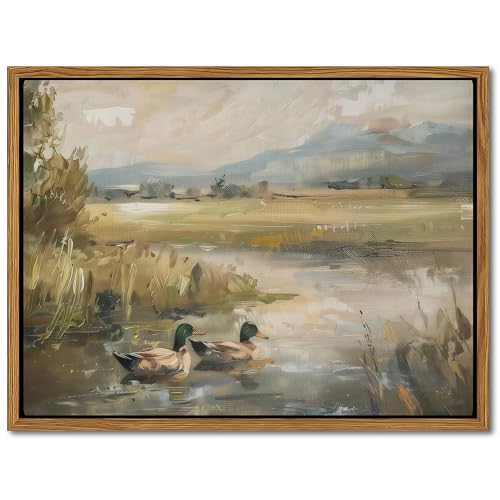 AKWISH Floating Framed Canvas Wall Art Vintage Mallard Duck Oil Paintings Print Countryside Art Wildlife Nature Pond Wall Decor for Living Room Bedroom Office Rustic Decor 8x10 inch - Image 1