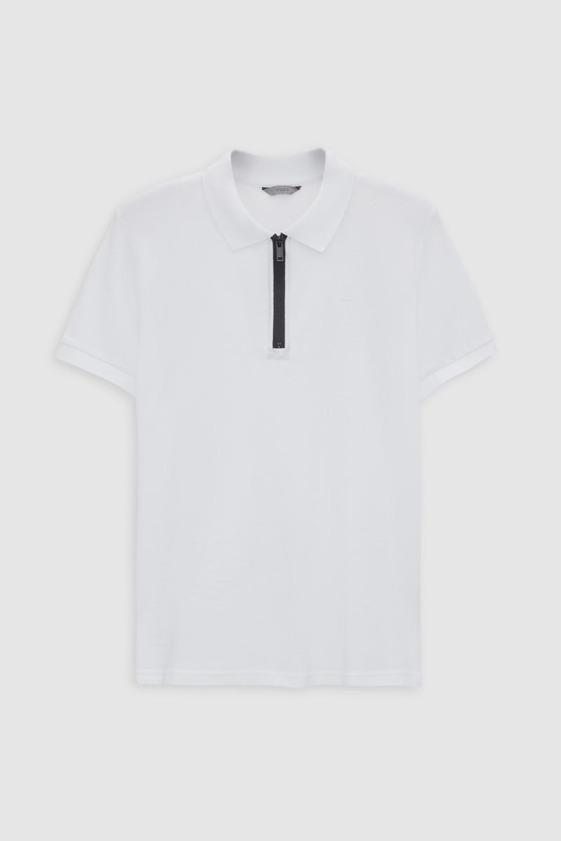 twn Slim Fit White Pique Textured Half Zipper Polo Neck T-Shirt 4EC14ORTFRPLO  - Image 5