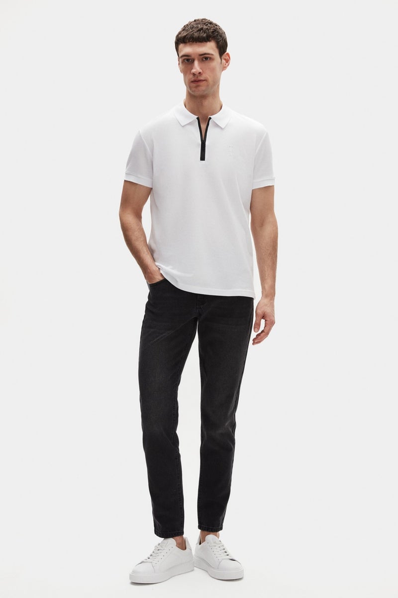 twn Slim Fit White Pique Textured Half Zipper Polo Neck T-Shirt 4EC14ORTFRPLO  - Image 4