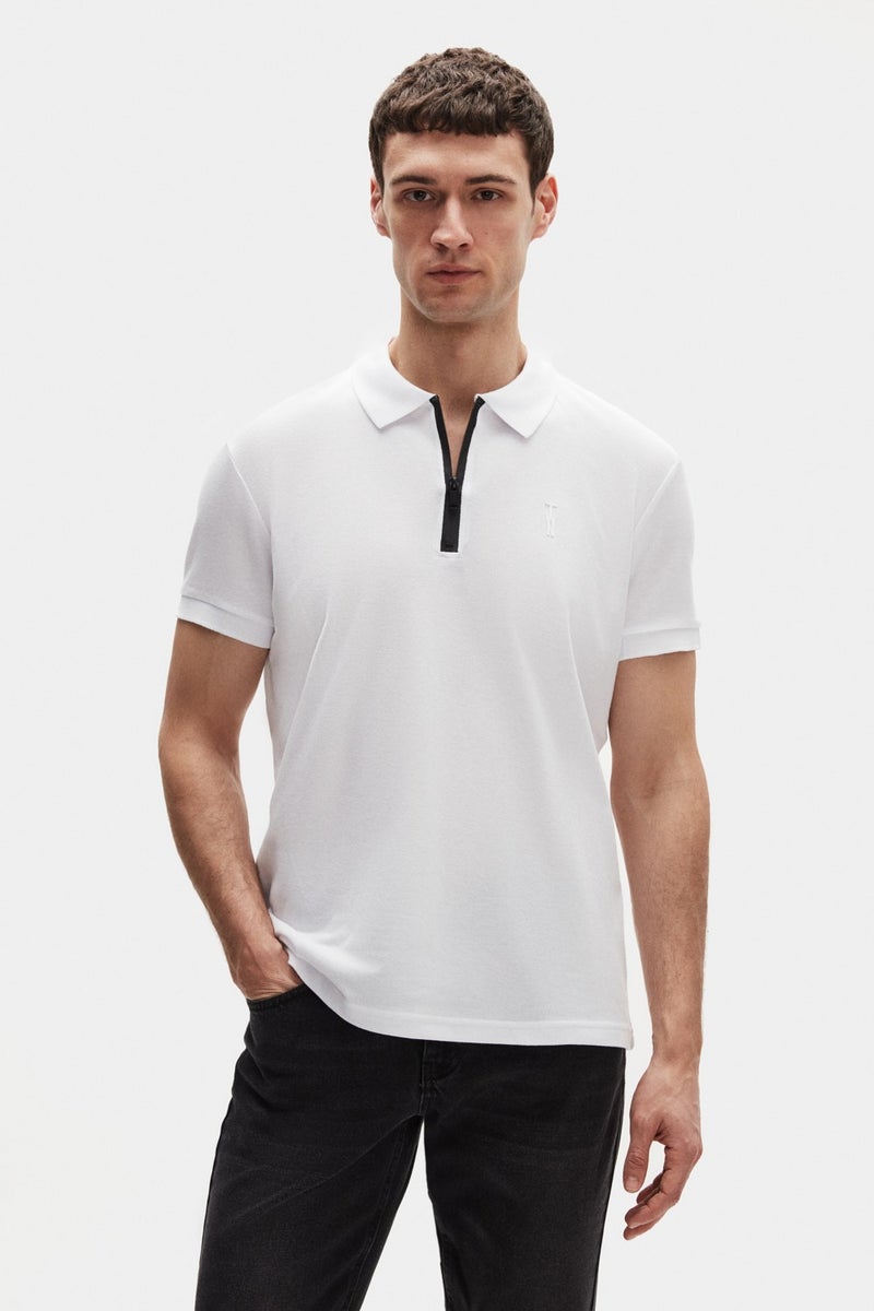 twn Slim Fit White Pique Textured Half Zipper Polo Neck T-Shirt 4EC14ORTFRPLO  - Image 1