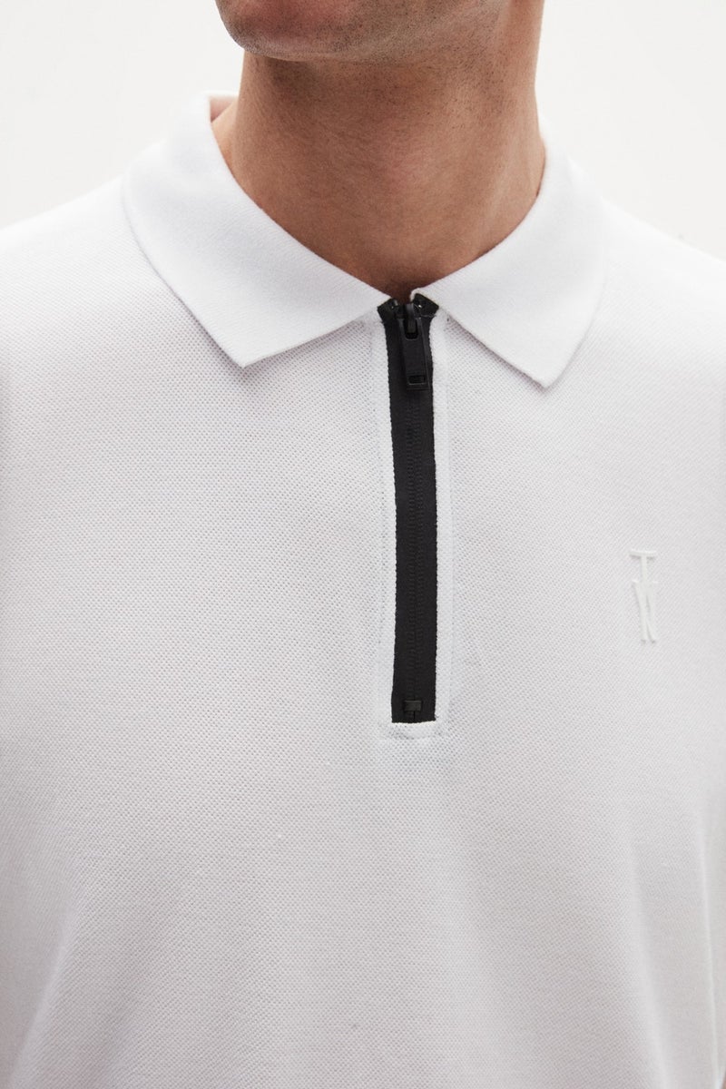 twn Slim Fit White Pique Textured Half Zipper Polo Neck T-Shirt 4EC14ORTFRPLO  - Image 2