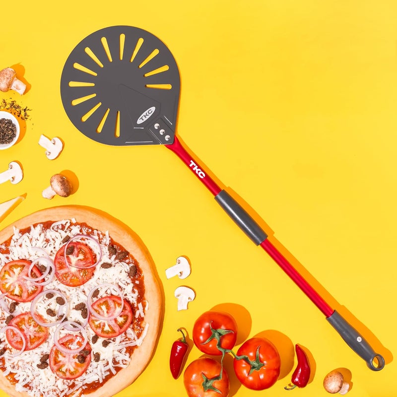 TKC 9" Perforated Pizza Peel, Professional Aluminum Pizza Turning peel, Long Handle Metal Pizza Spatula for Indoor and Outdoor, Lightweight Non-Stick Pizza Turner - Pizza Oven Accessories RED - Image 3