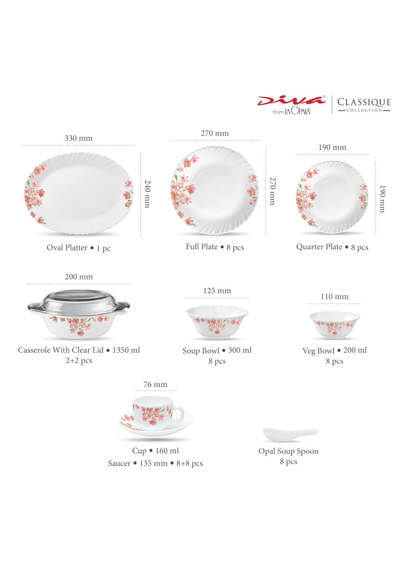 La Opala La Opala Diva Classique Collection Opal Glass Crockery | for Family of 8 | Dinner Set 61 pcs Aster Pink | Plates & Bowls for Dining | Microwave Safe | 100% Vegetarian | Extra Strong | White  - Image 3