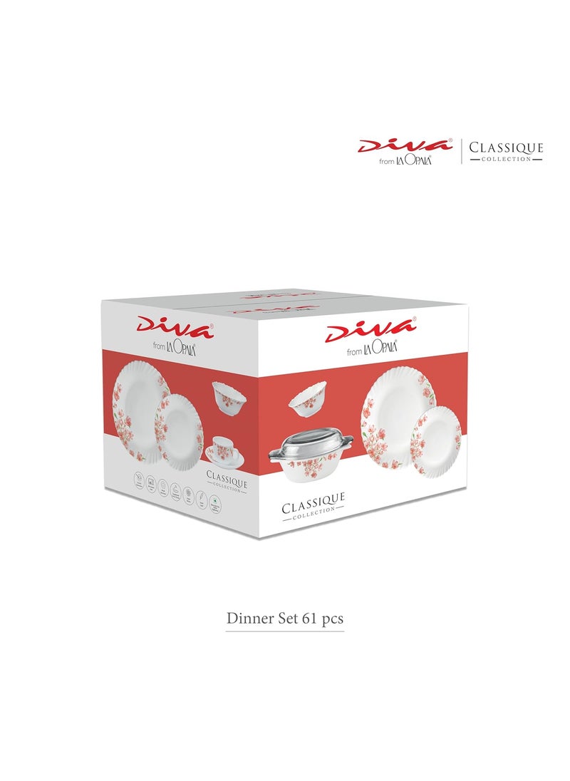 La Opala La Opala Diva Classique Collection Opal Glass Crockery | for Family of 8 | Dinner Set 61 pcs Aster Pink | Plates & Bowls for Dining | Microwave Safe | 100% Vegetarian | Extra Strong | White  - Image 5