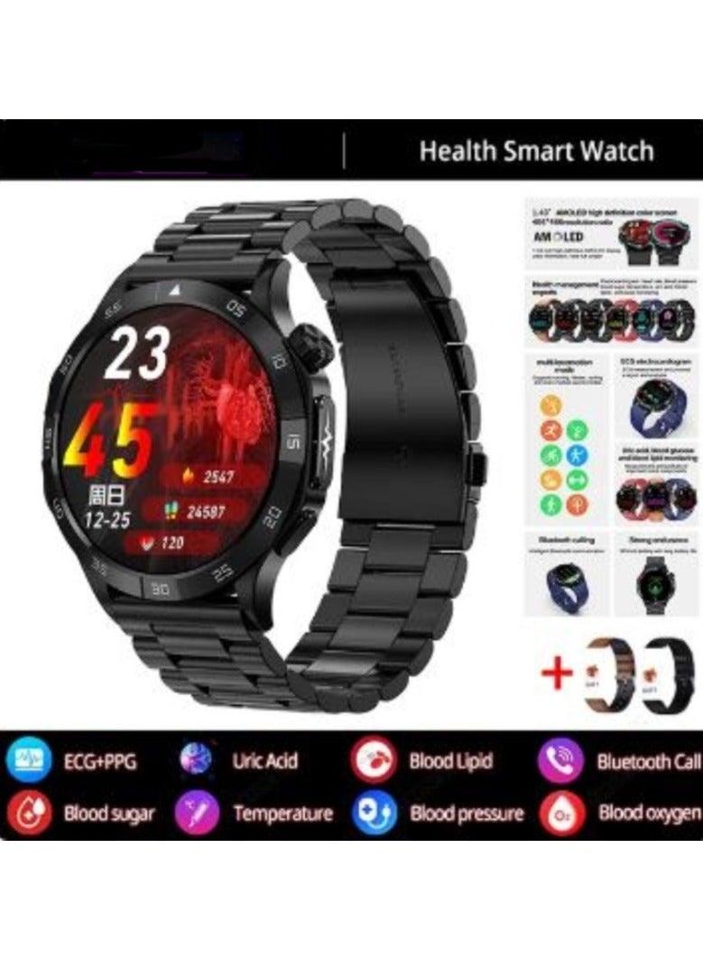 AROAQ Blood Sugar 1.43 Inch Smart Watch AMOLED Display Blood Lipid Uric Acid Health Monitor Sport Watch Smart ECG+PPG HD Bluetooth Call AI Voice Smartwatch SOS (Stainless Steel With 2 Extra Straps) - Image 1