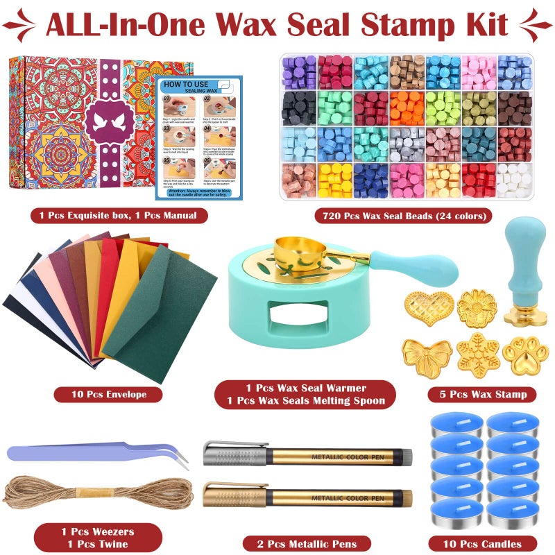 anezus Upgraded Wax Seal Stamp Kit, Anezus 790pcs Sealing Stamp Kit with Wax Seal Beads, Stamps, Warmer, Vintage Envelopes, and Gift Box for Letter Sealing, Invitation Cards, Craft Decoration - Image 3
