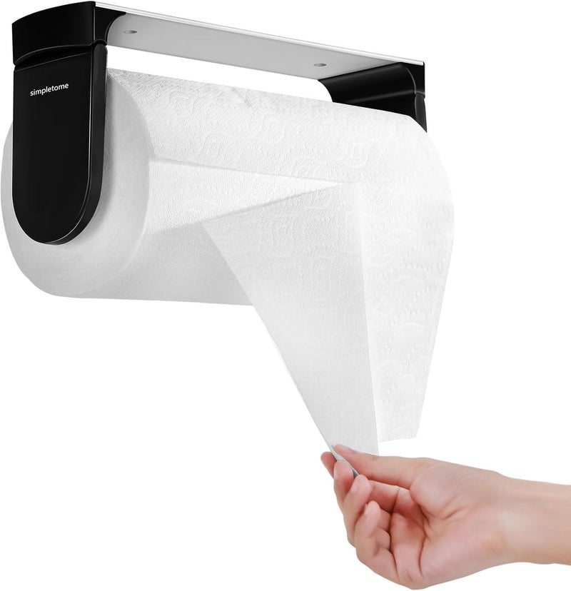 simpletome ONE Hand Tear Paper Towel Holder Under Cabinet Adhesive or Drilling Installation Aluminum Alloy + ABS (Black) - Image 1