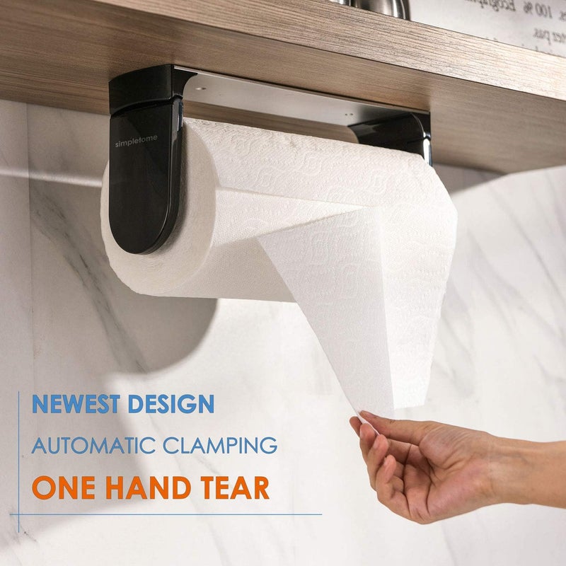 simpletome ONE Hand Tear Paper Towel Holder Under Cabinet Adhesive or Drilling Installation Aluminum Alloy + ABS (Black) - Image 2