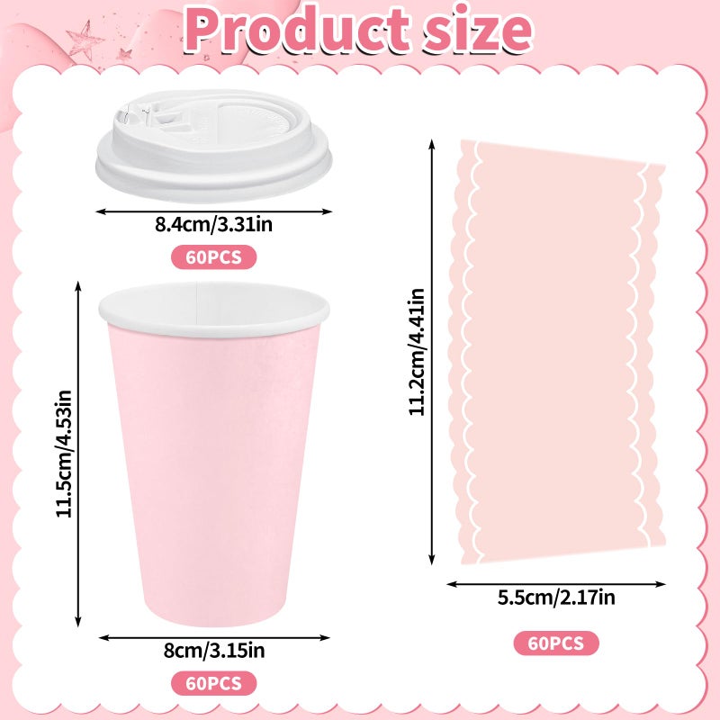 NatNarr 60 Pack Pink Paper Cups with Lids Sleeves, 12oz Insulated To Go Paper Cups Pink Party Cups Disposable Easter Paper Cups, Drinking Cups for Wedding Birthday Baby Shower Party Supplies - Image 2