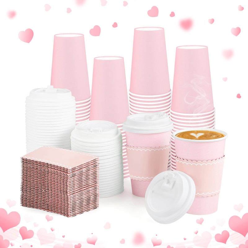 NatNarr 60 Pack Pink Paper Cups with Lids Sleeves, 12oz Insulated To Go Paper Cups Pink Party Cups Disposable Easter Paper Cups, Drinking Cups for Wedding Birthday Baby Shower Party Supplies - Image 1