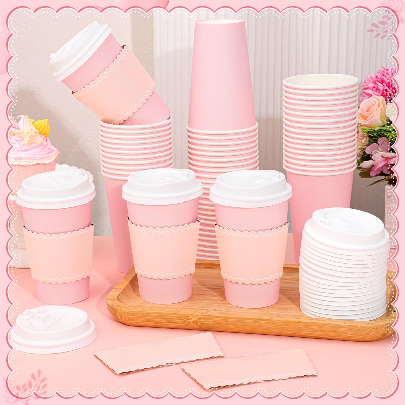 NatNarr 60 Pack Pink Paper Cups with Lids Sleeves, 12oz Insulated To Go Paper Cups Pink Party Cups Disposable Easter Paper Cups, Drinking Cups for Wedding Birthday Baby Shower Party Supplies - Image 3