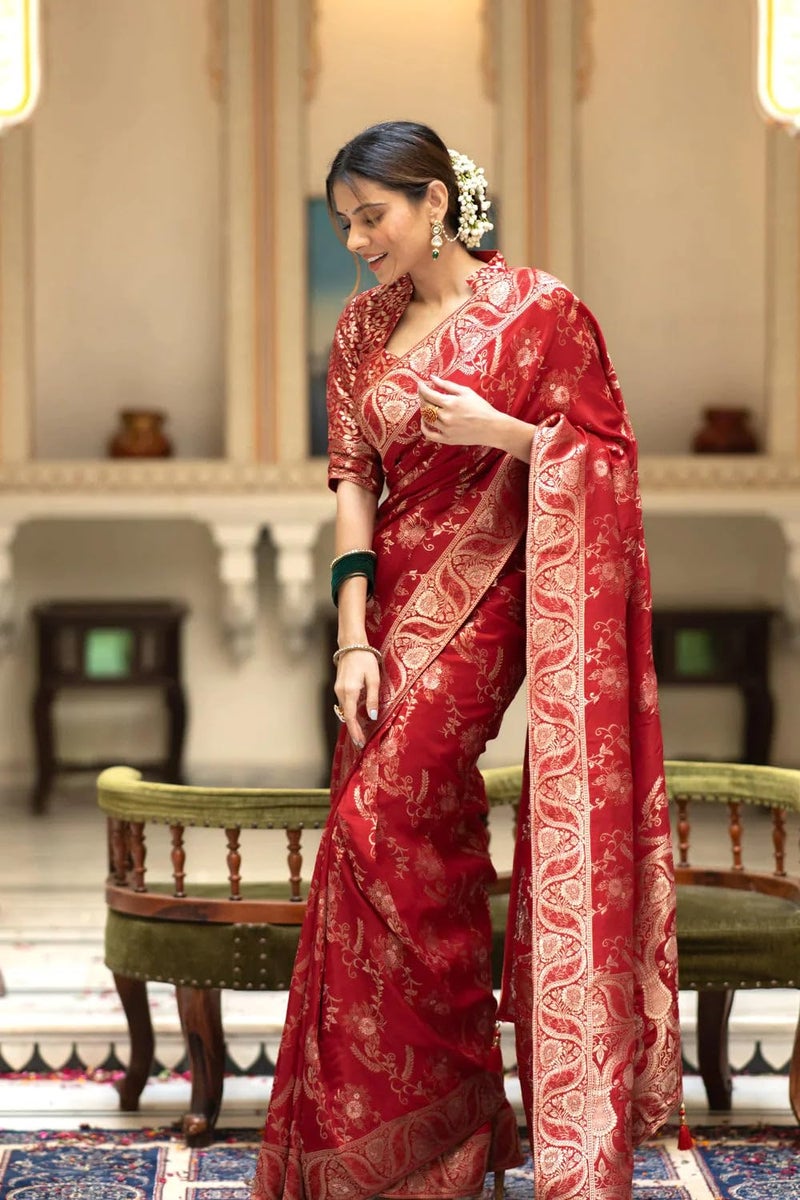 C J Enterprise Women's Pure Kanjivaram Silk Saree Soft Design With Blouse Piece For Wedding (Almari-55) (Red) - Image 3