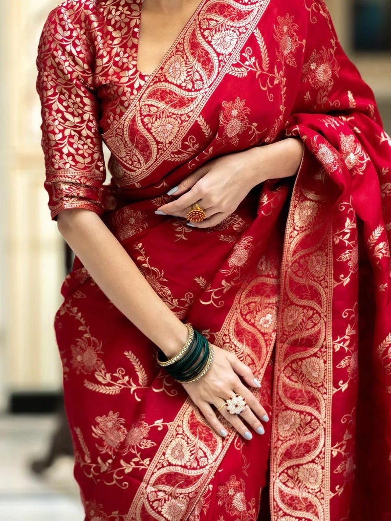 C J Enterprise Women's Pure Kanjivaram Silk Saree Soft Design With Blouse Piece For Wedding (Almari-55) (Red) - Image 4