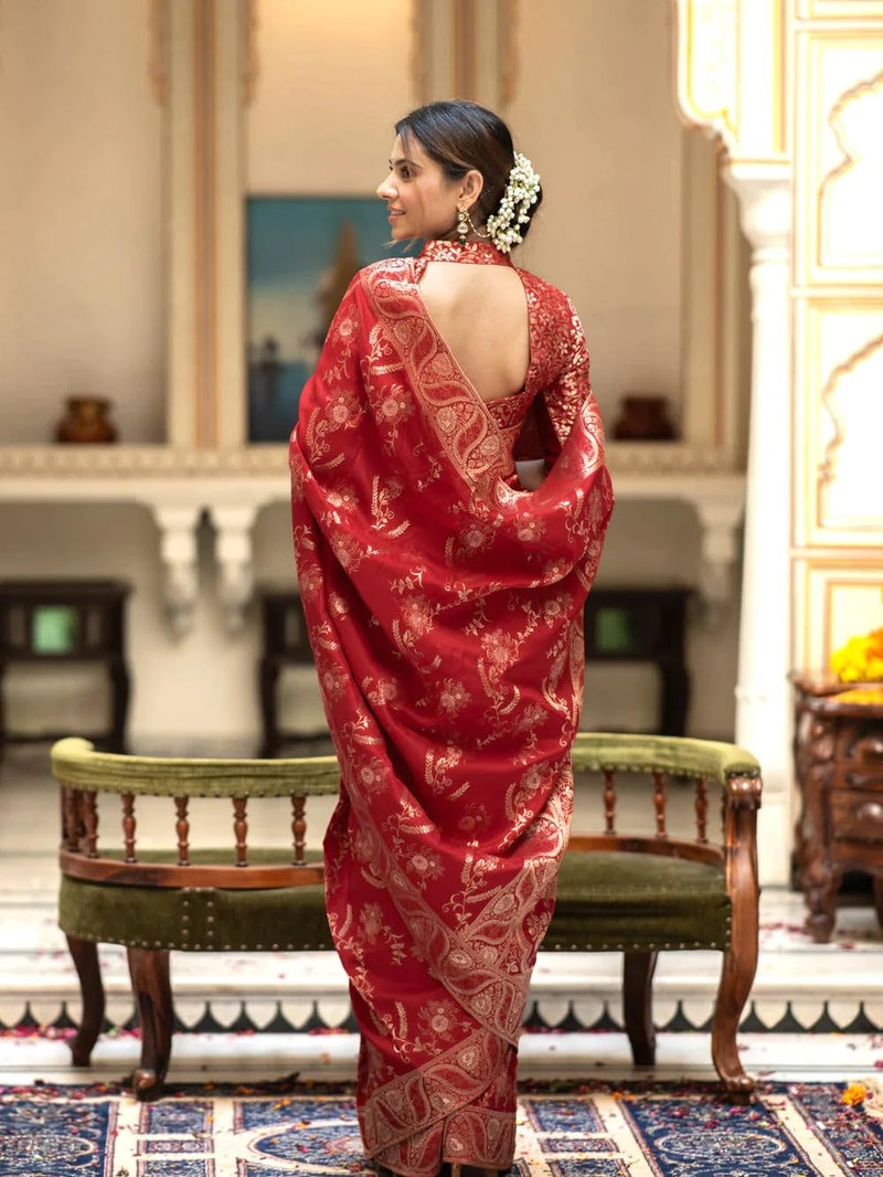 C J Enterprise Women's Pure Kanjivaram Silk Saree Soft Design With Blouse Piece For Wedding (Almari-55) (Red) - Image 5