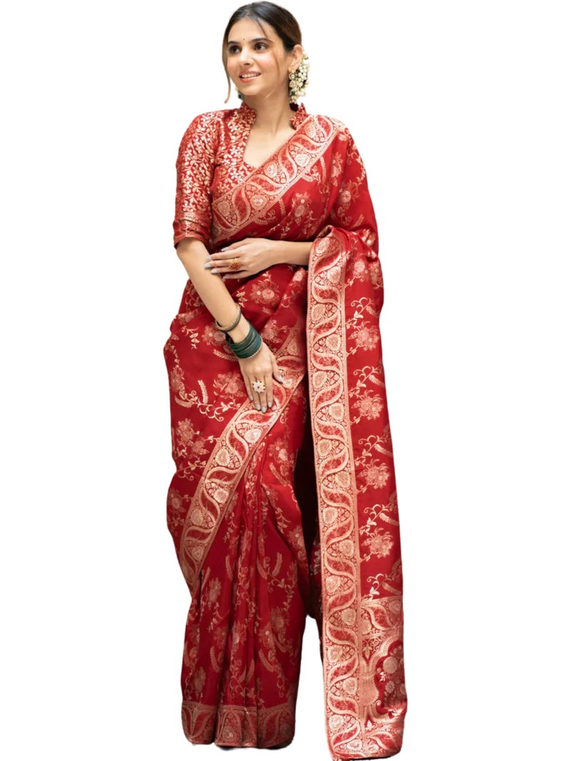C J Enterprise Women's Pure Kanjivaram Silk Saree Soft Design With Blouse Piece For Wedding (Almari-55) (Red) - Image 1