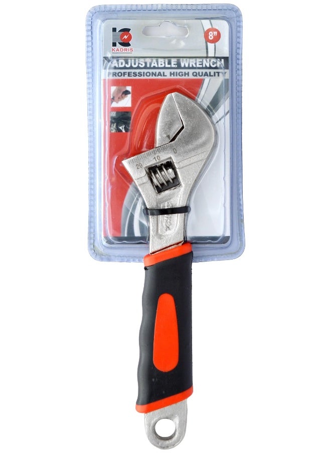KADRIS - 8 Inch Cabon Steel Adjustable Wrench, Extra Wide Jaw Opening, Heat Treated Chrome Plated Drop, Hand Rubber Grip - Image 1
