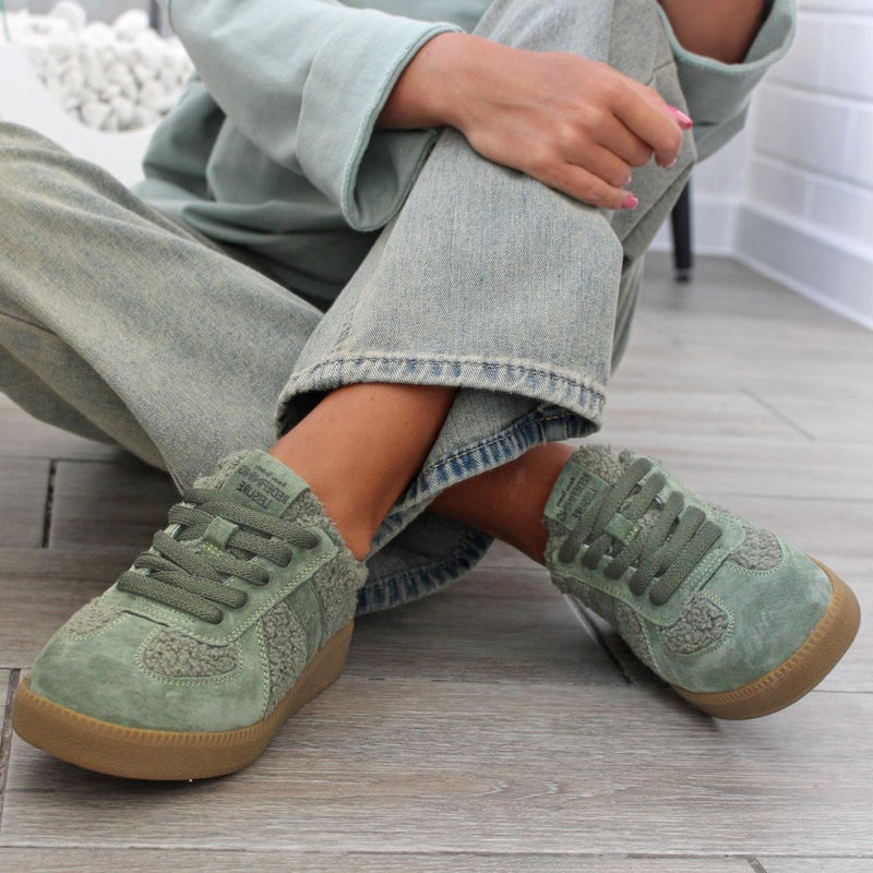 BEAU TODAY Fur Lined Sneaker Boots for Women,Winter Shoes for Women,Slip-on Platform Leather Retro OG Sneakers,Comfortable Tennis Runnig Trainer Shoes Green US 8 - Image 2