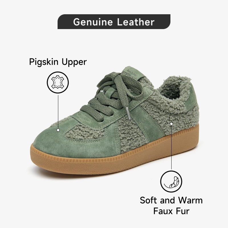 BEAU TODAY Fur Lined Sneaker Boots for Women,Winter Shoes for Women,Slip-on Platform Leather Retro OG Sneakers,Comfortable Tennis Runnig Trainer Shoes Green US 8 - Image 3
