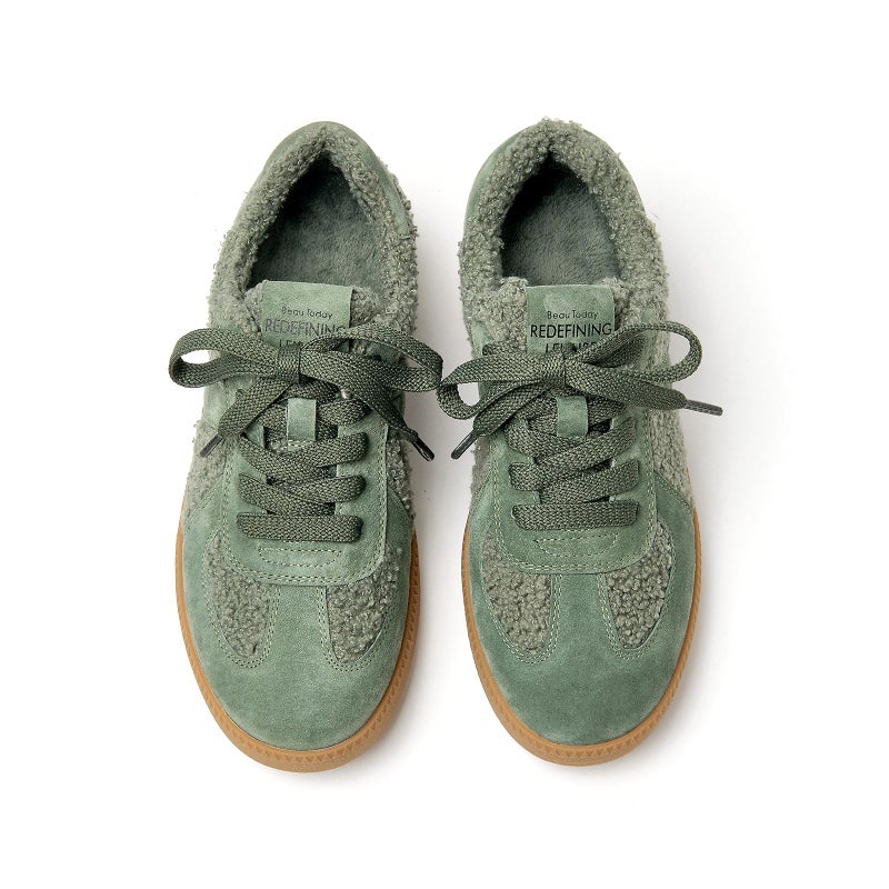 BEAU TODAY Fur Lined Sneaker Boots for Women,Winter Shoes for Women,Slip-on Platform Leather Retro OG Sneakers,Comfortable Tennis Runnig Trainer Shoes Green US 8 - Image 1