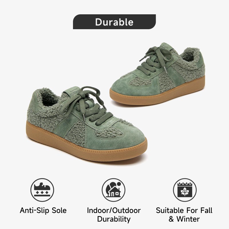 BEAU TODAY Fur Lined Sneaker Boots for Women,Winter Shoes for Women,Slip-on Platform Leather Retro OG Sneakers,Comfortable Tennis Runnig Trainer Shoes Green US 8 - Image 4