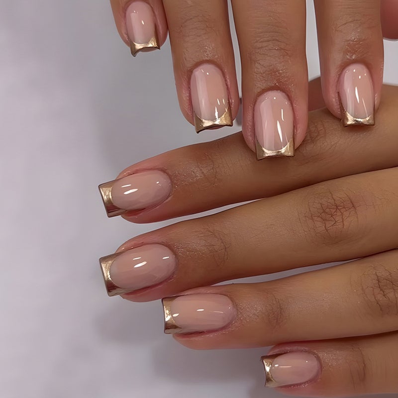 Nude Gold Edge Square Reusable Press-On Nail Set - Style 1310 - Image 1