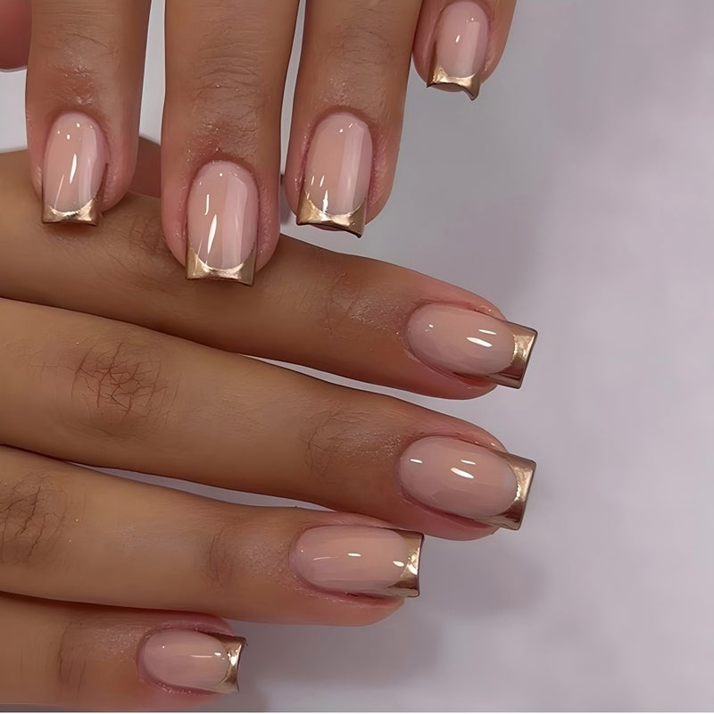 Nude Gold Edge Square Reusable Press-On Nail Set - Style 1310 - Image 2