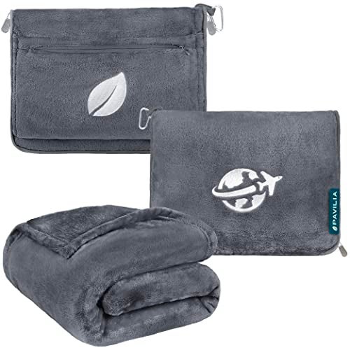 PAVILIA PAVILIA Travel Blanket and Pillow Arms Opening Airplane Blankets for Adults Compact Plane Blanket with Arm Hole 2in1 Bag for Flight Car Camping Fit in Luggage Backpack Traveler Gift Dark Gray 