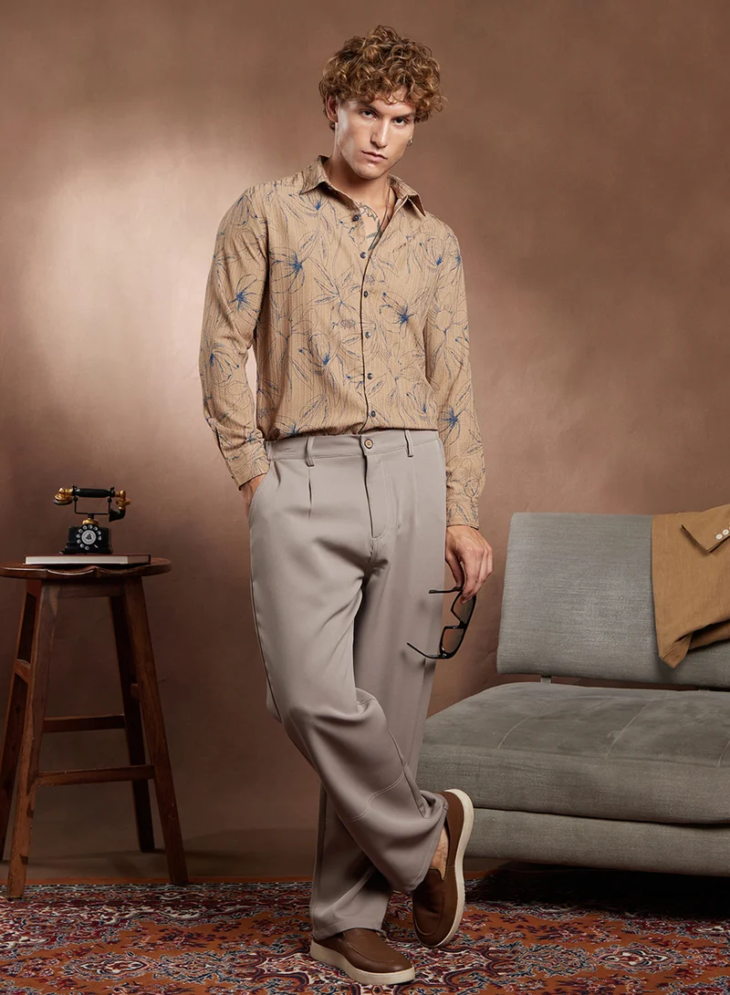 Campus Sutra Campus Sutra Men's Ash Brown Bloomline-Tactile Shirt For Casual Wear | Spread Collar | Long Cuffed Sleeves | Button Closure | Shirt Crafted With Comfort Fit For Everyday Wear