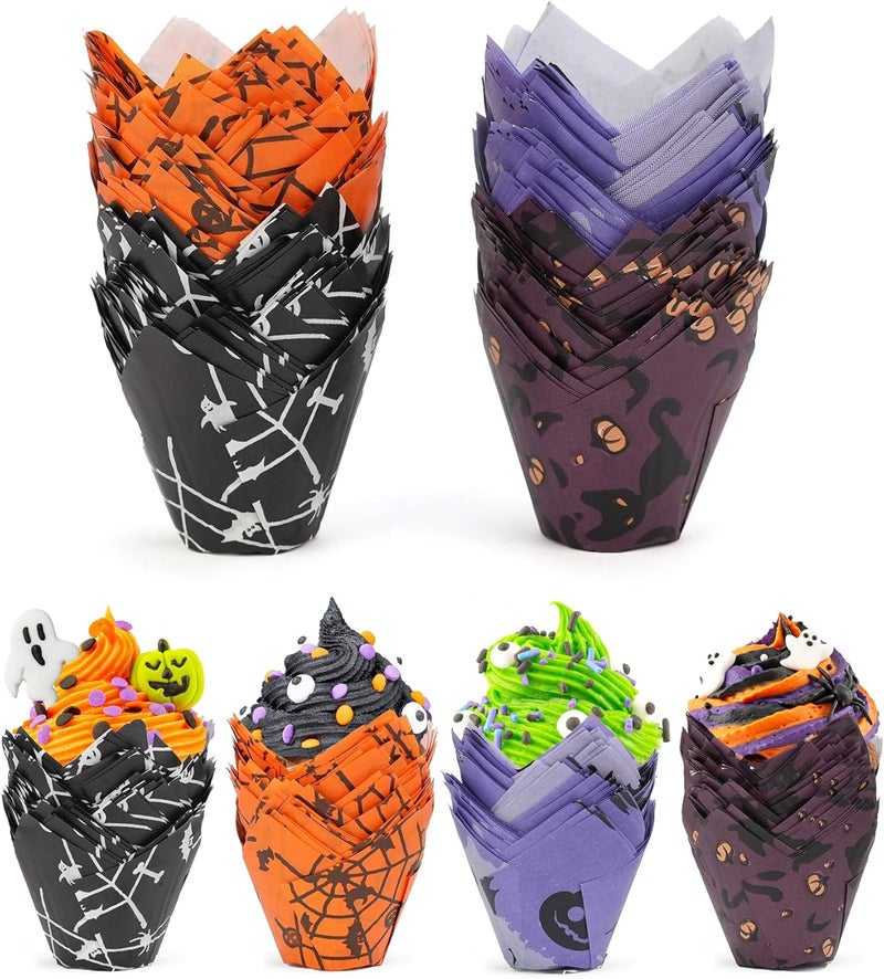 Bake Choice Mini Halloween Tulip Cupcake Liners, 200PCS Mini Muffin Liners for Halloween Party Supplies, Food Grade Cupcake Wrappers, Cupcake Decorations - Image 1