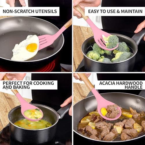 HaRvic 12Pcs Silicone Cooking Utensils Set Silicone Kitchen Spatula for Cooking, Kitchen Utensil Spatula Set Wooden Handles and Holder BPA Free Gadgets for Non-Stick Cookware (Pink) - Image 4