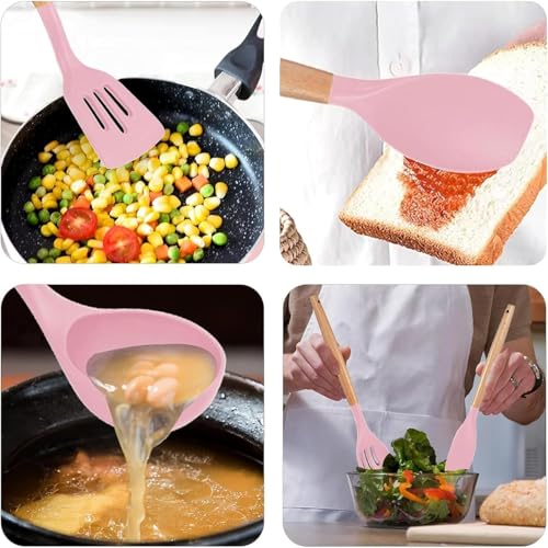 HaRvic 12Pcs Silicone Cooking Utensils Set Silicone Kitchen Spatula for Cooking, Kitchen Utensil Spatula Set Wooden Handles and Holder BPA Free Gadgets for Non-Stick Cookware (Pink) - Image 3