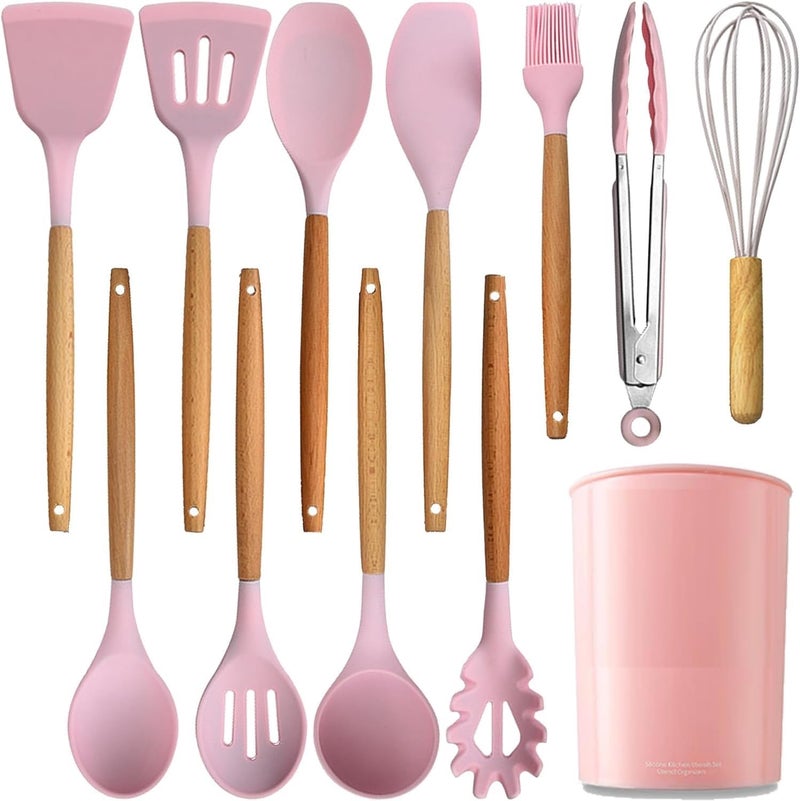 HaRvic 12Pcs Silicone Cooking Utensils Set Silicone Kitchen Spatula for Cooking, Kitchen Utensil Spatula Set Wooden Handles and Holder BPA Free Gadgets for Non-Stick Cookware (Pink) - Image 1